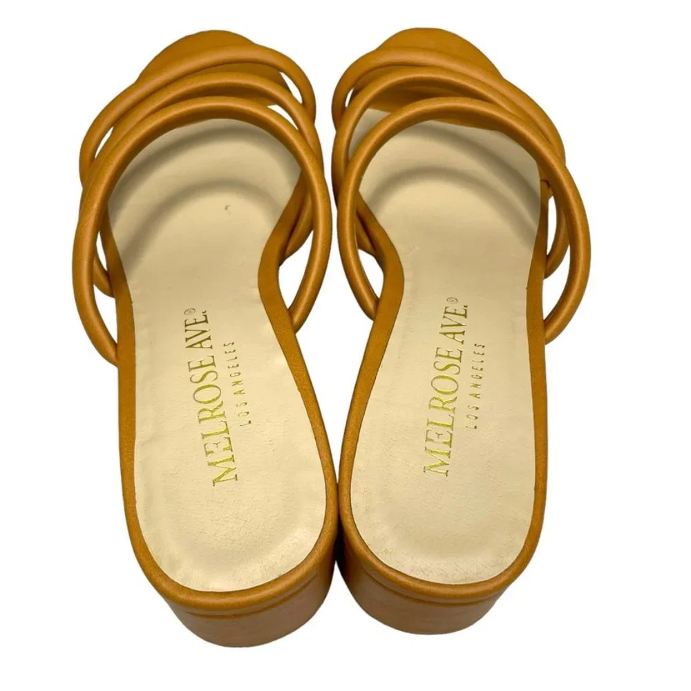 Melrose Ave Women's Tan Faux Leather Three‎ Strap Block Heel Sandals Size 8.5M